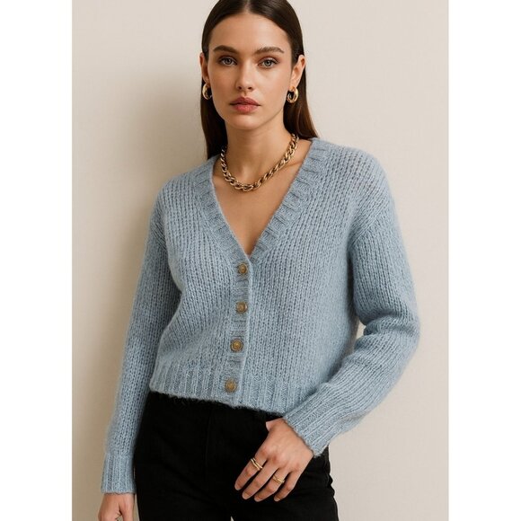 Merge Blue Ribbed Knit Button Front Cardigan Women’s V-Neck Long Sleeve Sweater - Picture 1 of 10